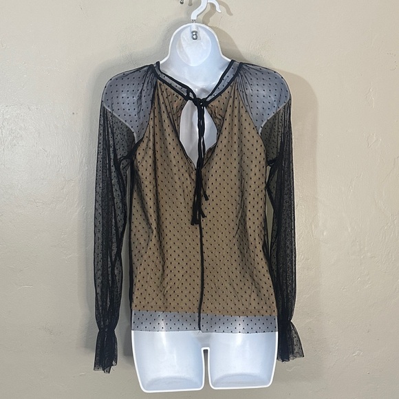 Zara Black and Tan Sheer Polka Dot Blouse - Picture 2 of 3
